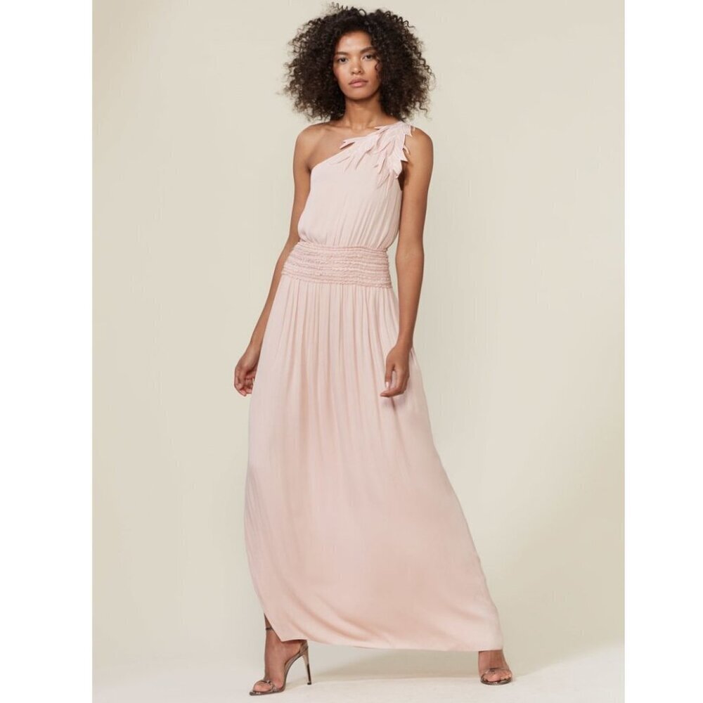 NWT Halston Heritage One Shoulder Ruched Waist Evening Gown in Bloom Pink Sz. M